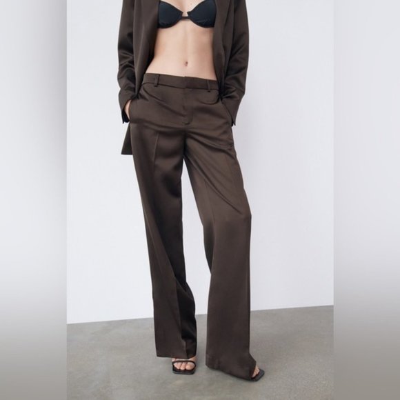 𝅺zara 2 Piece SUIT - BLAZER AND FULL LENGTH SATIN EFFECT PANTS BROWN - Picture 2 of 16